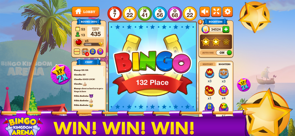 Bingo Kingdom Arena Bingo Game - Bingo Kingdom Arena game interface showing a tournament win message and tropical theme