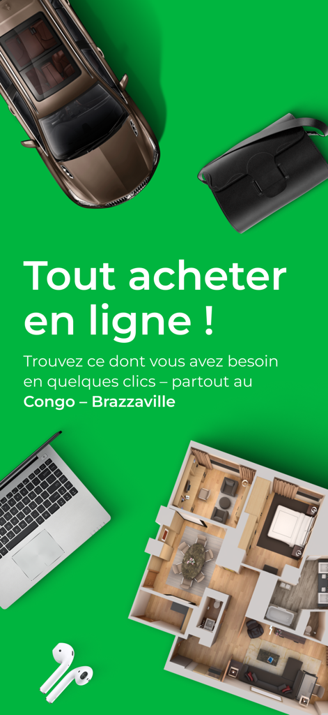 Jiji Congo Brazzaville app screen for online shopping with images of a car, laptop, and real estate