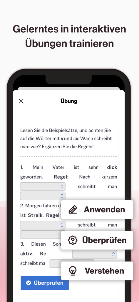 Interactive German grammar practice screen in the Deutsch perfekt app.