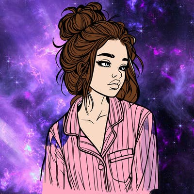 realistic woman with pajamas on and a messy bun