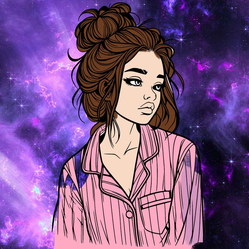 realistic woman with pajamas on and a messy bun