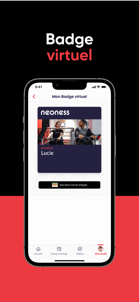 Neoness - Pantalla de la aplicación móvil Neoness que muestra un pase virtual de membresía de gimnasio y la integración con Apple Wallet