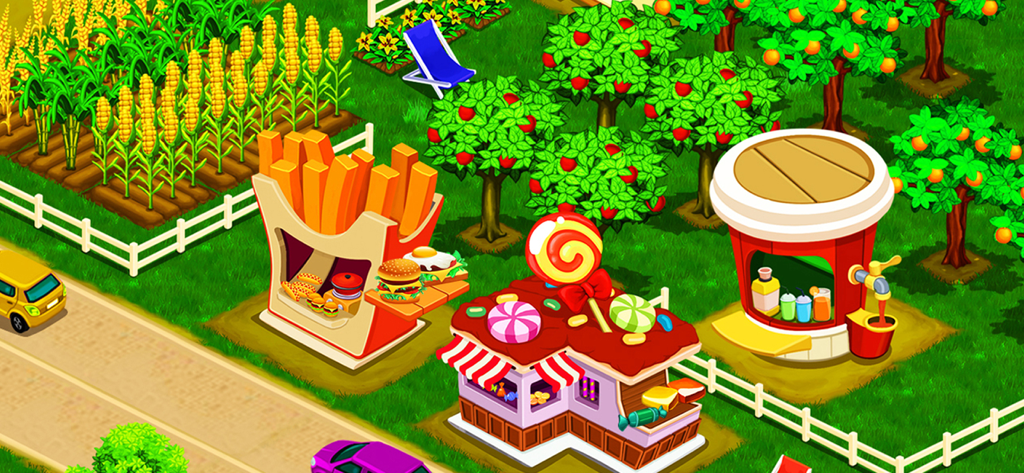 Farm City - Gameplay of Farm City featuring a candy shop, burger stall, and fruit orchards
