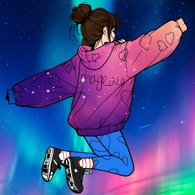 realistic girl jumping with a bun and oversized sweatshirt