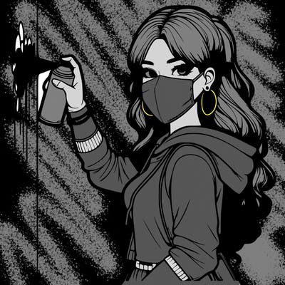 realistic girl with mask spray painting a wall