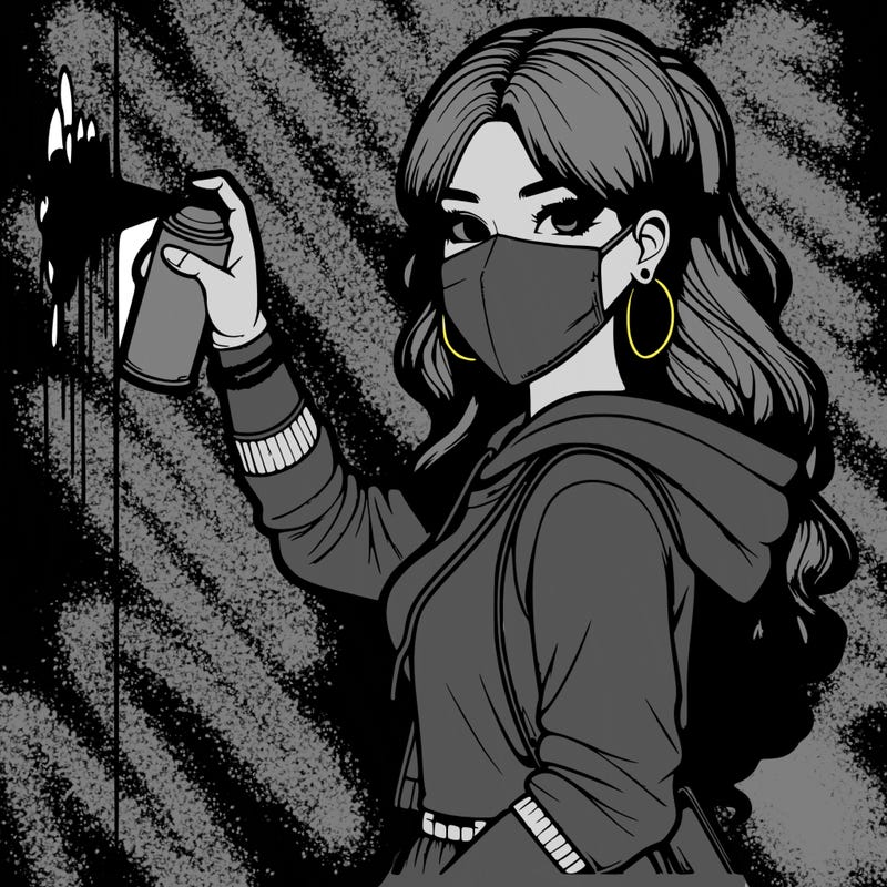 realistic girl with mask spray painting a wall