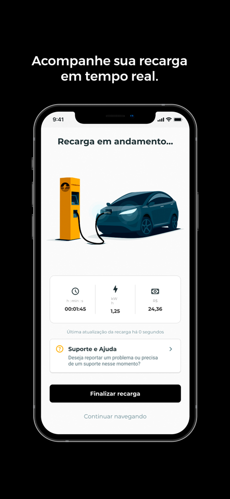 ChargeOn - ChargeOn app screen showing a real-time electric vehicle charging session with energy usage and cost tracking