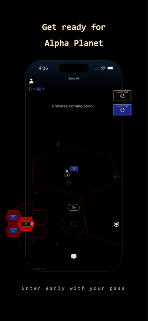 Fancian mobile app screen showing Alpha Planet map and early access pass options