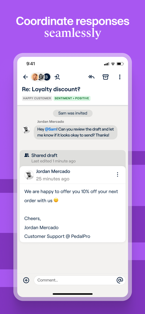 FrontApp - Front app mobile interface showing team members collaborating on a shared email draft with internal comments