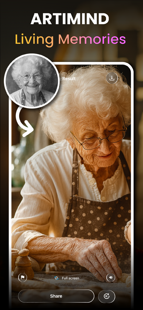 Artimind app interface showing an old photo of a grandmother being animated and colorized into a living memory video