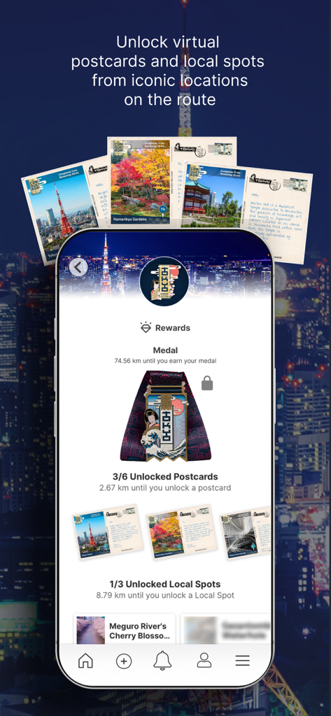 The Conqueror Challenges app interface showing rewards like virtual postcards and a physical medal for a Tokyo fitness route.