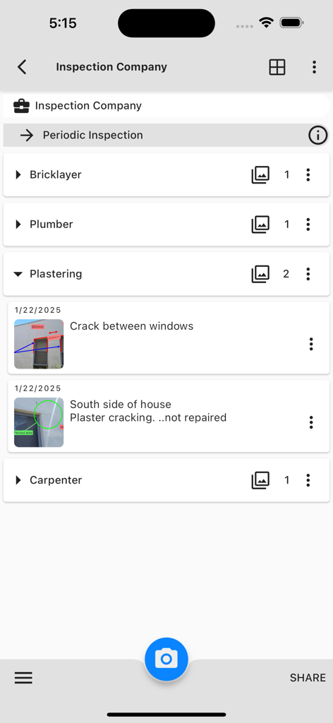 Report and Run app interface displaying a professional field inspection report with categorized photo annotations and notes