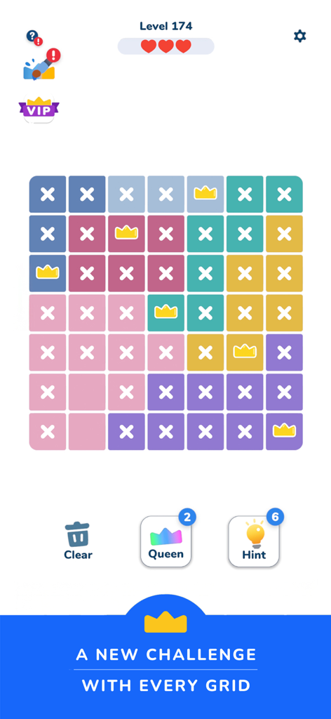 Queens Master: Sudoku Puzzle - 왕관과 X 표시가 있는 컬러 논리 그리드를 특징으로 하는 Queens Master 스도쿠 퍼즐의 게임 플레이 화면