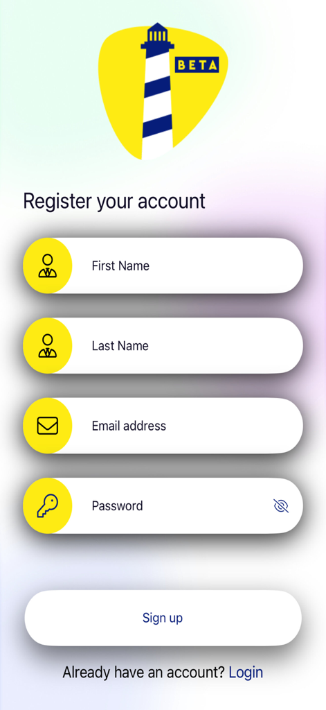 BEAMS APP - BEAMS APP registration screen with sign up form fields for name email and password