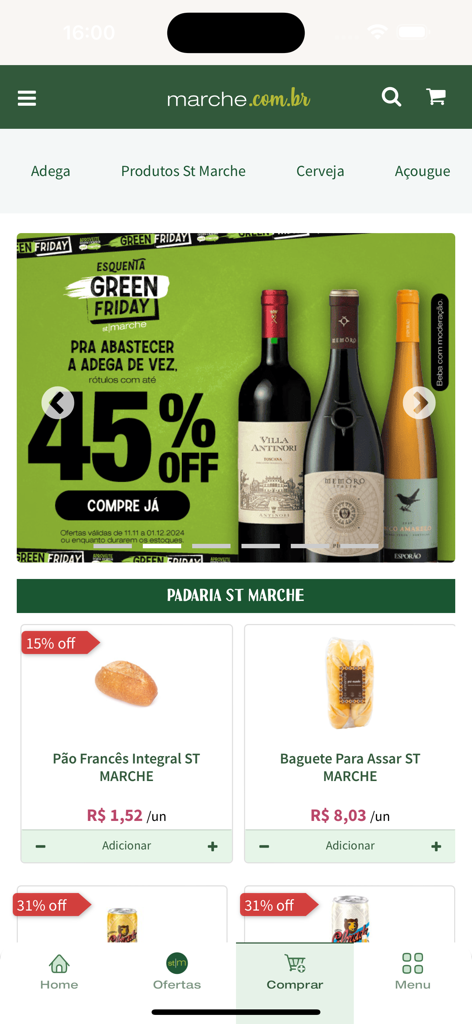 St Marche mobile app screen showing winery promotions and fresh bakery products