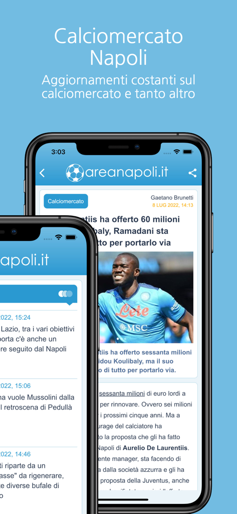 AreaNapoli.it - Official - Interfaccia dell'app AreaNapoli che visualizza le notizie di calciomercato del Napoli