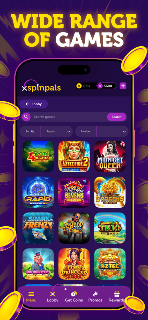 A mobile phone screen displaying the SpinPals app lobby with a wide variety of themed slot machine games.