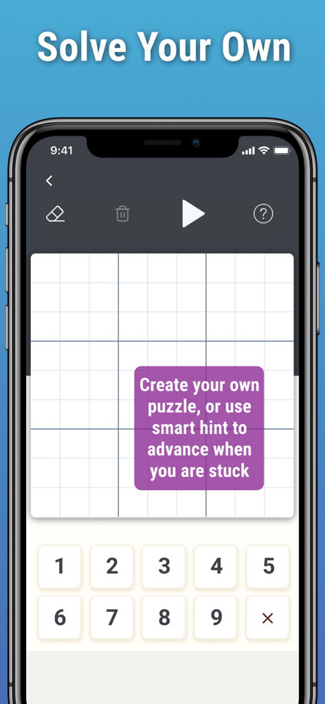 Sudoku by Logic Wiz app screenshot showing the solve your own puzzle feature with smart hints