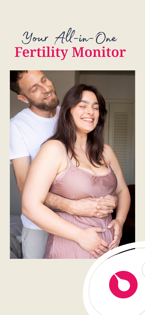 Una coppia felice che si abbraccia con il testo Il tuo monitor di fertilità tutto in uno per l'app Tempdrop