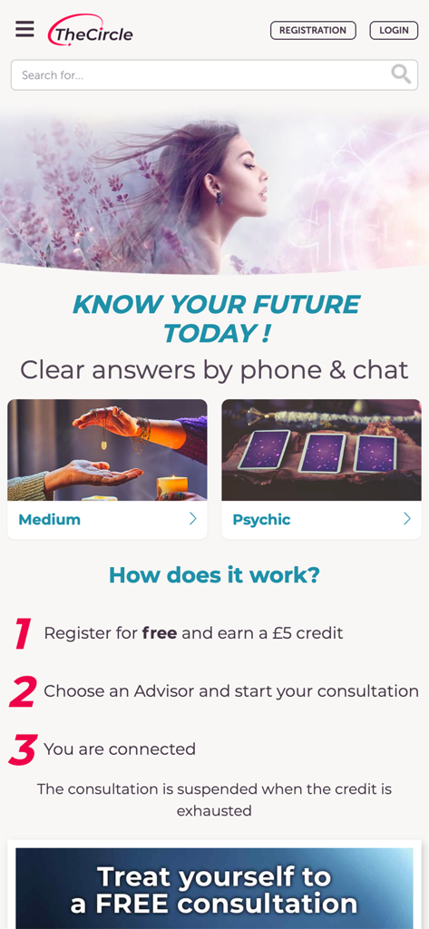 TheCircle - Your Psychic App - Homepage of TheCircle psychic app featuring live medium and tarot reading options with a how it works guide