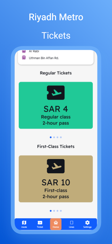 Mobile app screen showing Riyadh Metro ticket options for regular and first class with prices in SAR