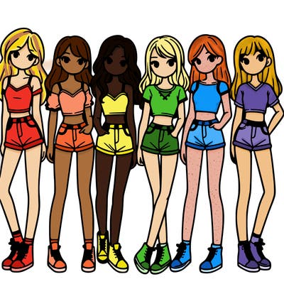 a group of girls wearing crop tops and shorts