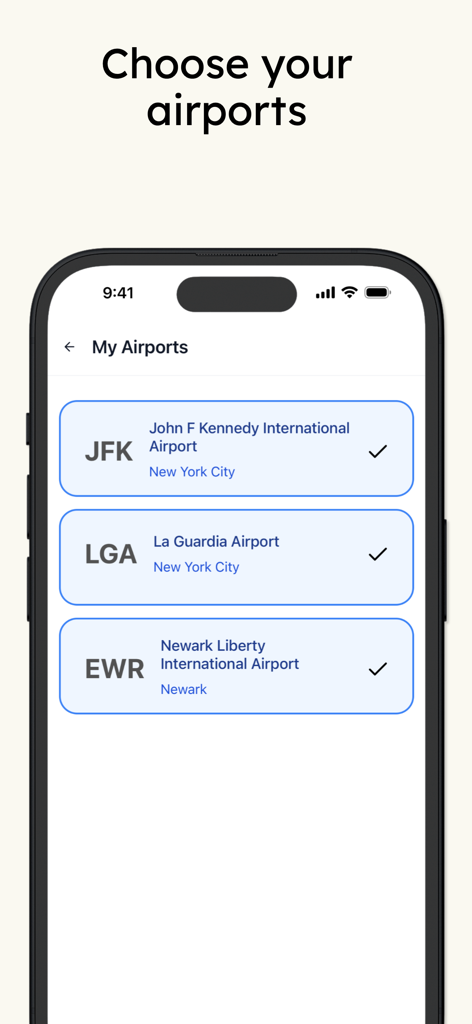 Airclub - Flight Deals - Interfaccia dell'app Airclub che mostra aeroporti selezionati di New York City per allerte sulle offerte di voli
