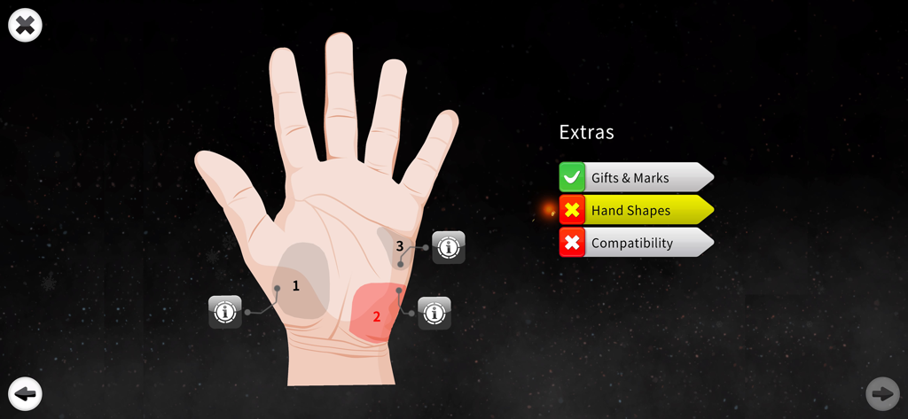 Palm Reading Premium - Captura de pantalla de la aplicación Palm Reading Premium que muestra la pantalla de análisis de formas de mano y extras con un diagrama de mano y un menú de navegación