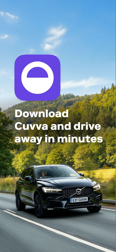 Cuvva app promotional screen featuring a black SUV on a scenic road with text saying drive away in minutes