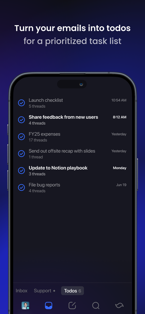 Shortwave - AI Email - Shortwave app interface showing email threads converted into a prioritized todo list with task titles and checkmarks
