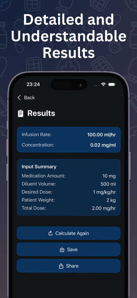 Results screen showing infusion rate concentration and dosage input summary for a medical calculation