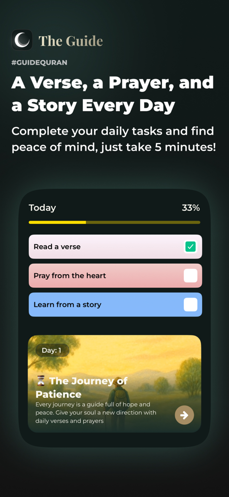 The Guide: Quran Companion - Uma lista de verificação espiritual diária em The Guide app com tarefas para leitura de versículos e orações para encontrar paz de espírito