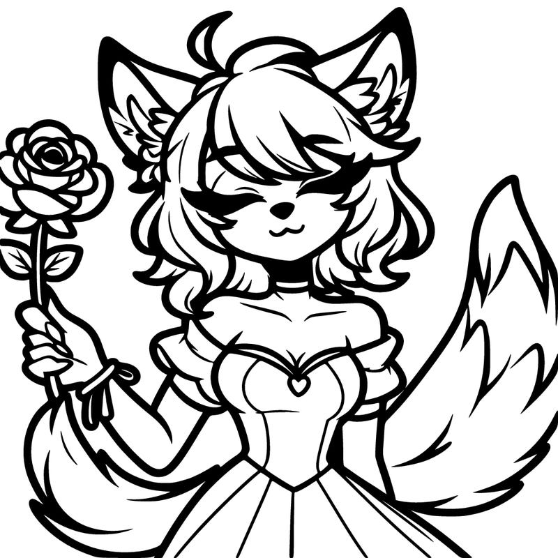 a animated woman with wolf ears and tail with eyes shut and a rose in her hand