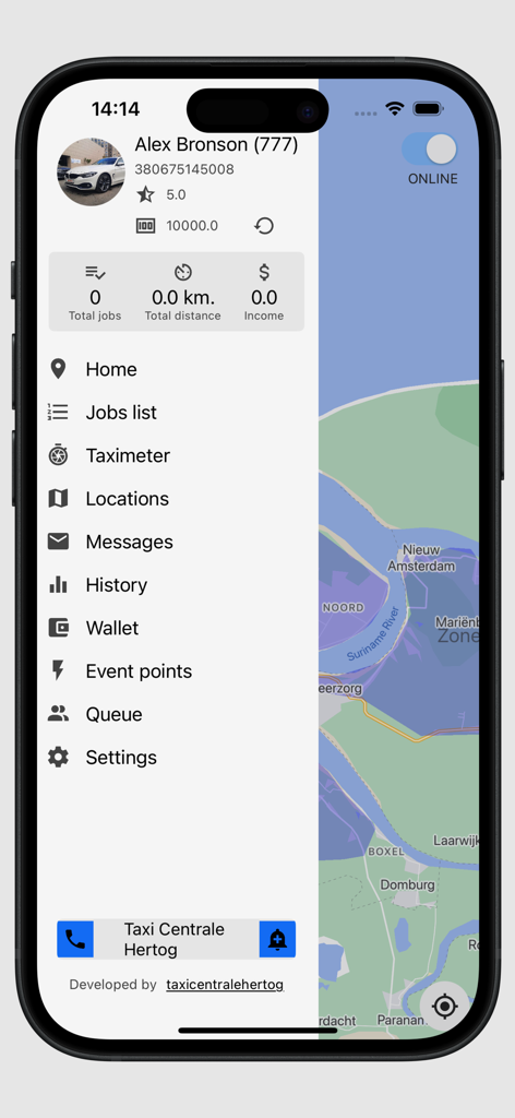 Hertog Taxi Drivers - Hertog Taxi Driver app interface showing driver profile menu and performance analytics dashboard over a map background