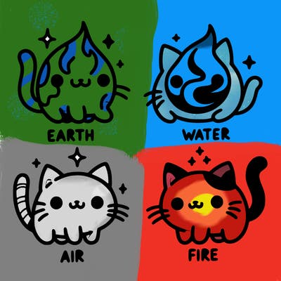 4 cats that represent the different elements, earth, water, air, and fire