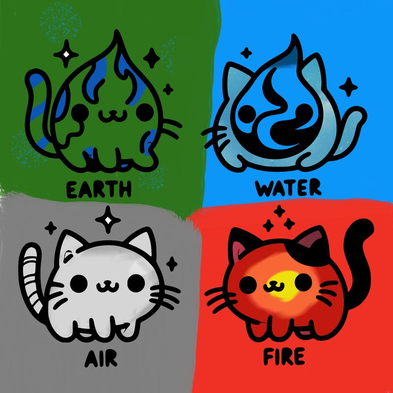 4 cats that represent the different elements, earth, water, air, and fire