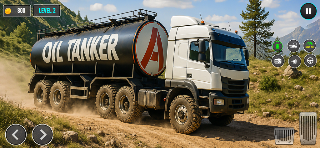 Oil Tanker Supply Truck 2025 - A white heavy duty truck with a black oil tanker driving on a mountain dirt road