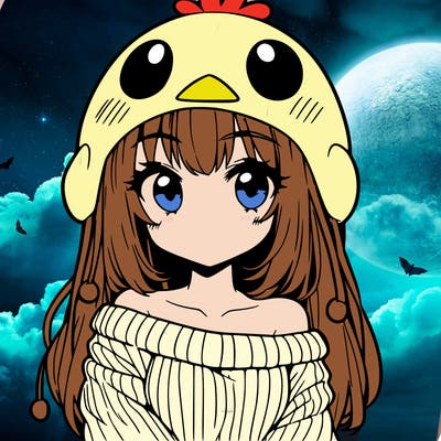 anime girl with chick shaped hat with sweater with bare shoulders with bangs covering them one eye with low tail