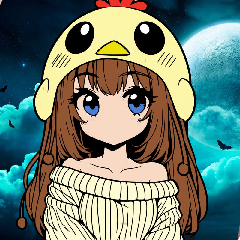 anime girl with chick shaped hat with sweater with bare shoulders with bangs covering them one eye with low tail