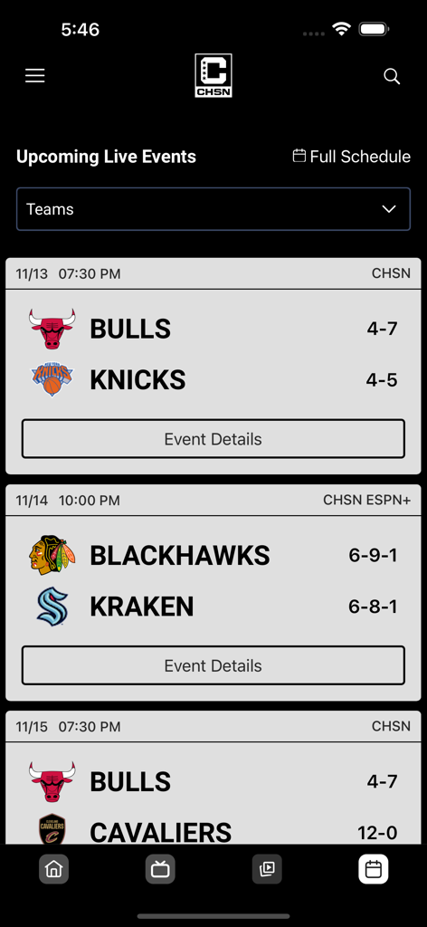 Mobile app screen showing a schedule of upcoming Chicago Bulls and Blackhawks games on the Chicago Sports Network app