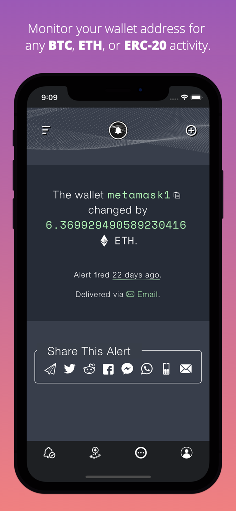 Cryptocurrency Alerting - Notificación de alerta en la pantalla de un teléfono móvil que muestra un cambio en el saldo de una billetera de Ethereum.