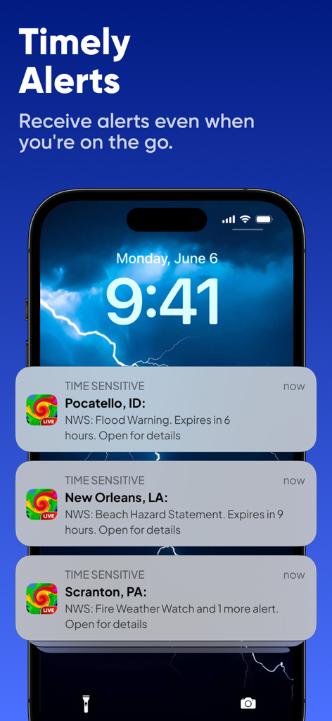 NOAA: Weather Radar & Forecast - Pantalla de bloqueo del iPhone mostrando alertas meteorológicas urgentes para advertencias de inundaciones y avisos de clima de incendios