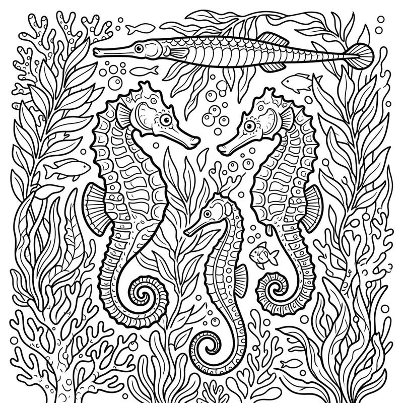 Explore the mystical underwater world with this captivating coloring page featuring graceful seahorses and an elegant pipefish. Delicately drawn amidst intricate coral and swaying seaweed, this design offers a serene escape for your creative spirit.