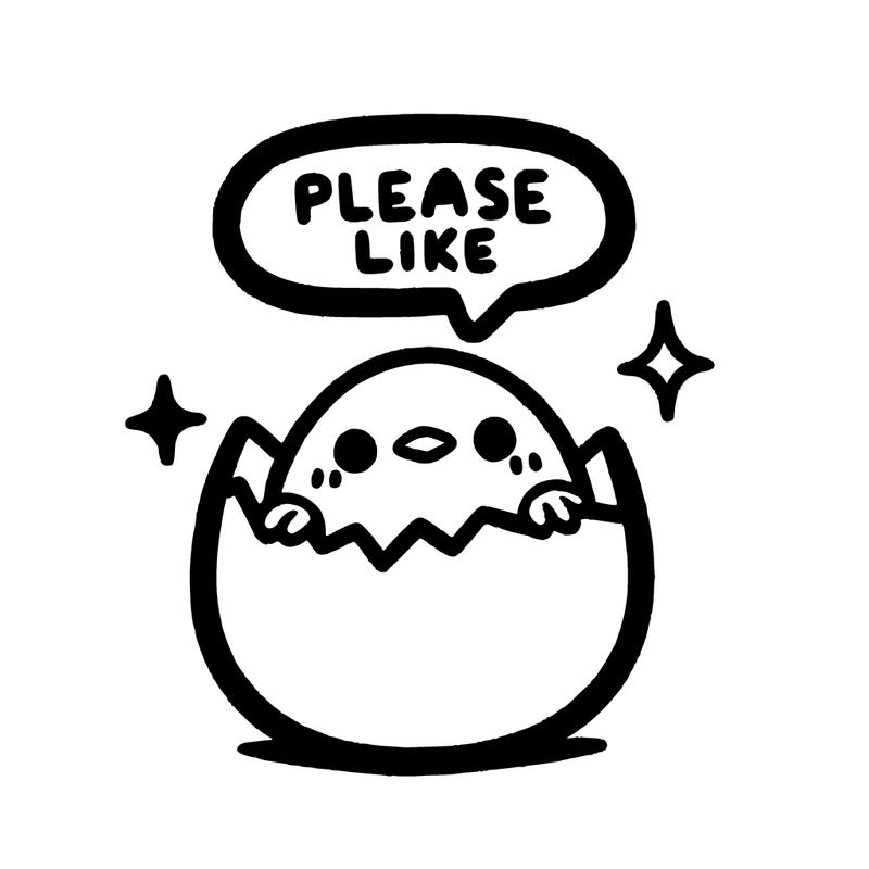 a tiny egg with a tiny bird looking out the top wich is cracked and the bird is saying please like