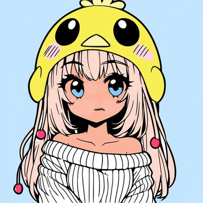 anime girl with chick shaped hat with sweater with bare shoulders with bangs covering them one eye with low tail