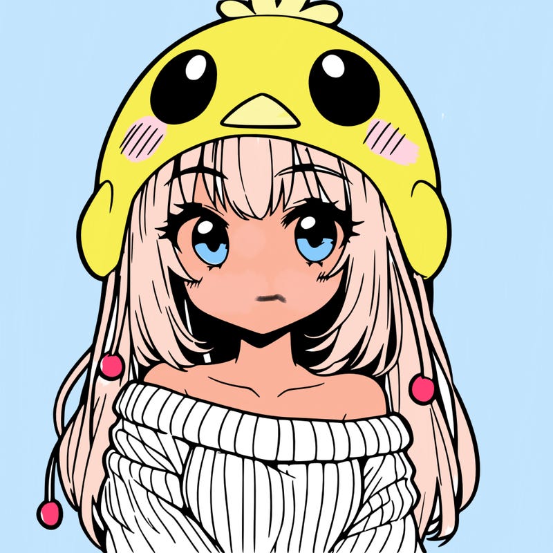 anime girl with chick shaped hat with sweater with bare shoulders with bangs covering them one eye with low tail