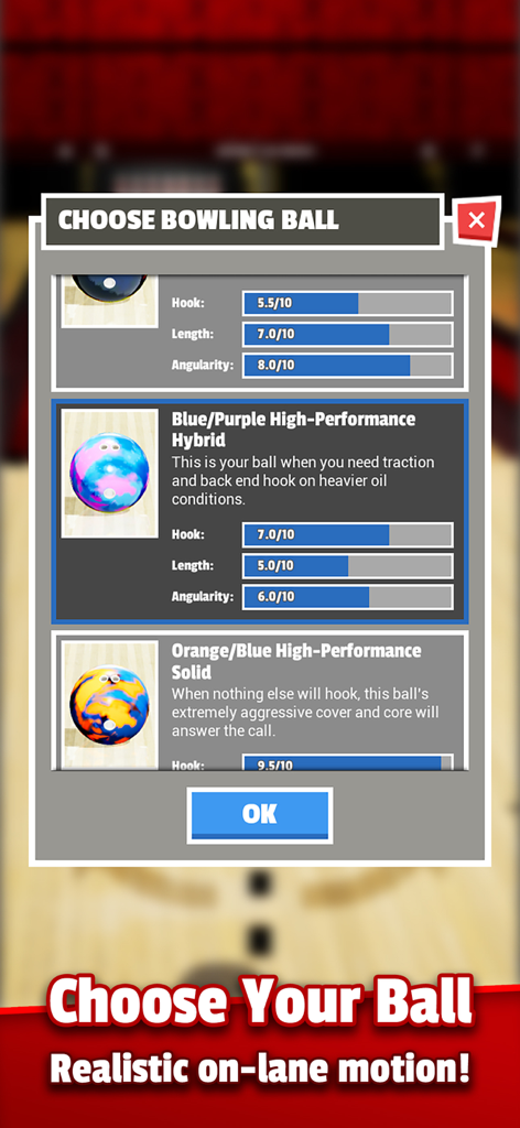 Bowling Unleashed ball selection screen showing detailed performance stats for hook and length.