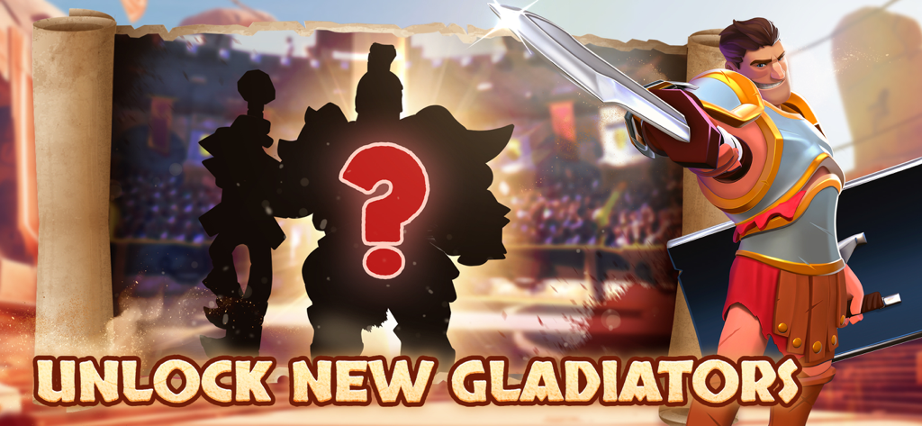 Promotional screen for Gladiator Heroes Arena Legends showing a warrior and a silhouette of a new gladiator to unlock