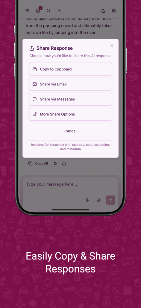 PDF AIアプリのスクリーンショット。クリップボードにコピーするか、電子メールやメッセージで共有するオプションが表示された共有応答メニューが表示されます。