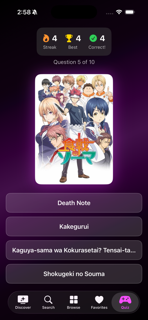 AniPocket - Discover Anime - The anime quiz screen in the AniPocket app featuring a multiple choice question with character art